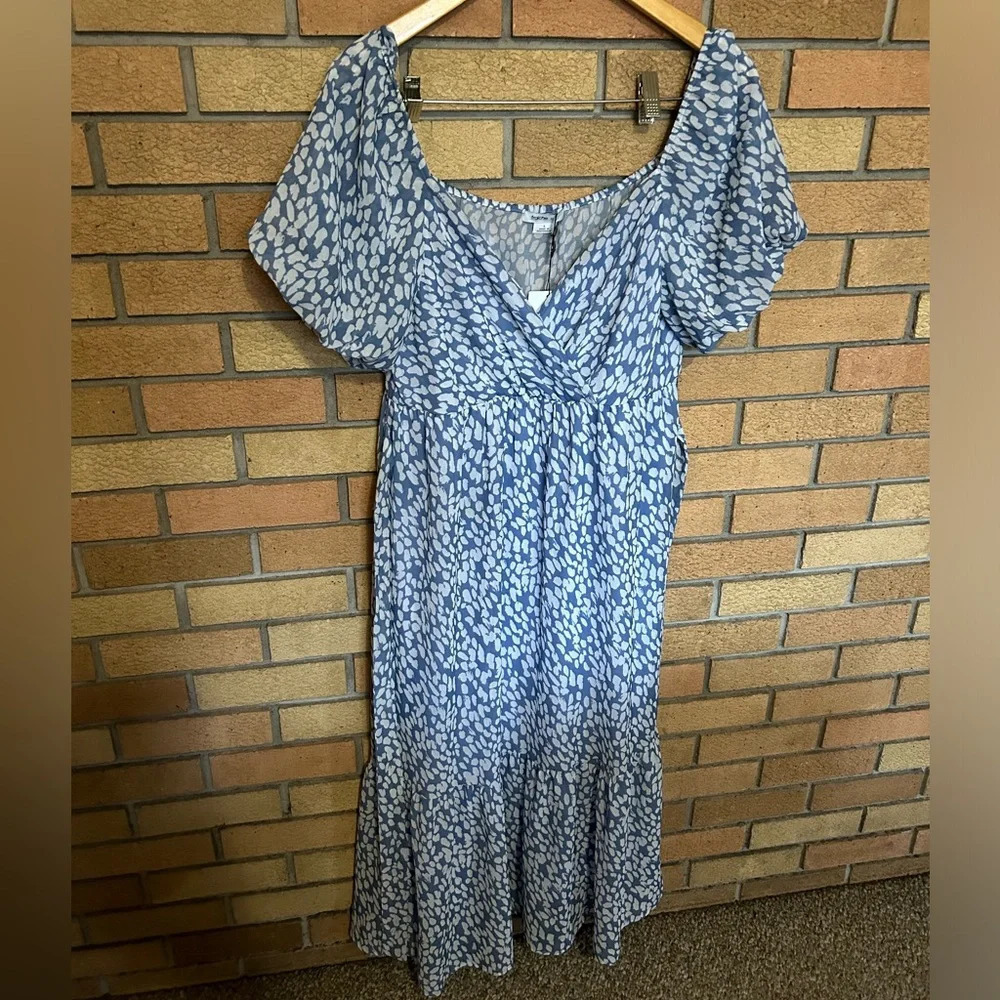 NWT Fraiche by J Floral Dot Puff Sleeve Tiered Midi Dress Blue & White Size L